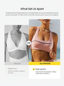 GLOWMODE FeatherFit™-Sculpt GlowLift Push-Up Keyhole Back Side Mesh Contrast Trim Sports Bra With Removable Cups Running Workout Gym - Rusty Rose - View 2