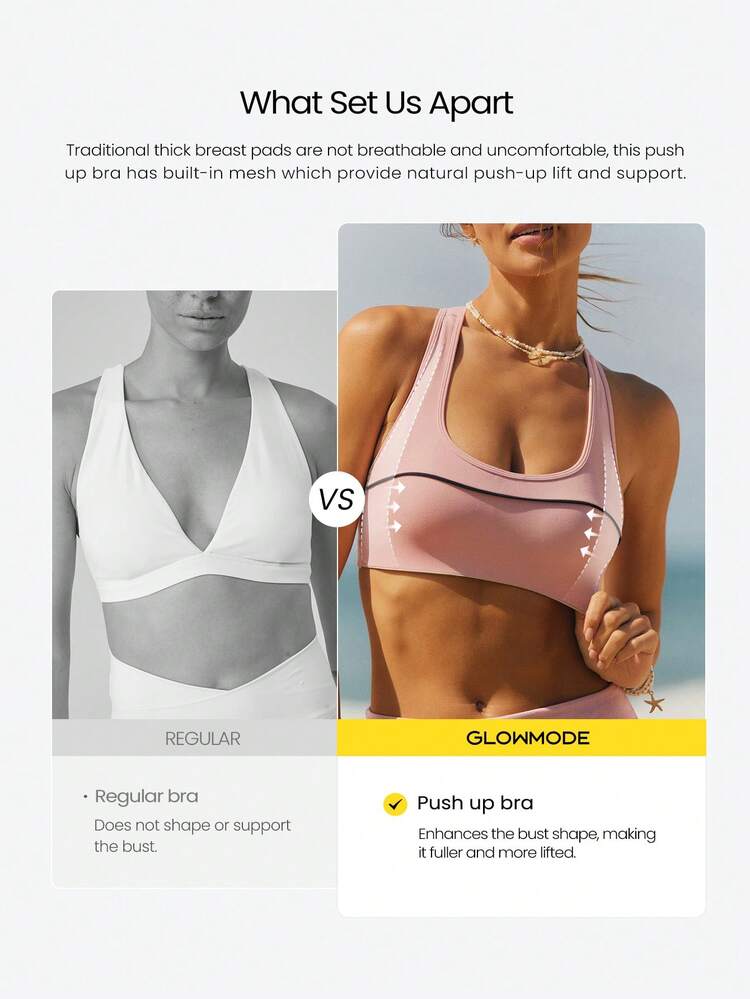 Biustonosz sportowy FeatherFit™-Sculpt GlowLift Push-Up z siateczką z tyłu i kontrastowym wykończeniem, wyjmowanymi miseczkami, o średnim wpływie na trening, bieganie, siłownia, fitness