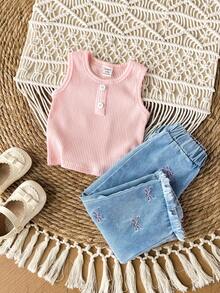 Baby Girl Solid Color Ribbed Tank Top And Bow Embroidered Denim Pants Set - Pink - View 10