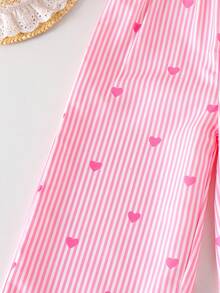 SHEIN Genkimix Kids 女童复古波西米亚风吊带连体裤，舒适面料，宽松阔腿设计，粉色条纹爱心印花，简约优雅飘逸，适合春季、夏季、派对、外出、度假穿着。 - 粉色 - 查看 5