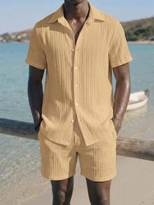 Palasendo Men's Solid Color Short Sleeve Single-Breasted Shirt And Drawstring Waist Shorts Beach Outfit - Khaki - View 3