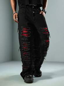 ROMWE MEN Street Life Quần jeans nam phong cách Punk đường phố rách túi xéo - màu đen - Xem 2