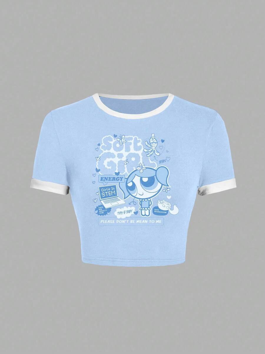 Sweetina THE POWERPUFF GIRLS X SHEIN 女士泡泡图案浅蓝色休闲印花撞色滚边修身短袖T恤 - 夏季套头衫,可爱柔美少女风和Y2K复古风,四季皆宜 - 淺藍色 - 查看 1