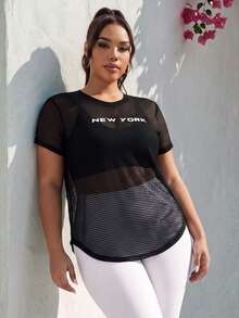 EMERY ROSE CURVE Áo thun thể thao lưới họa tiết chữ Plus không có áo ngực dành cho nữ tập gym - màu đen - Xem 6
