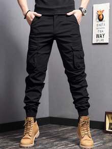 Manfinity Homme Men Flap Pocket Side Cargo Pants, For Fall - Black - View 6