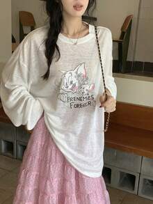 TOM AND JERRY X DAZY Áo thun nữ dài tay cổ tròn in hình hoạt hình, kiểu dáng thường ngày. - trắng - Xem 7