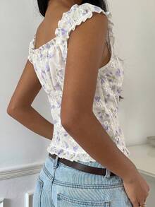 CovetEZ Women's Casual Floral Ruffle Trim Single-Breasted Shirt, Purple - Purple - View 2
