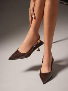 SHEIN Haute 女士亮面Pat咖啡色尖头金属镀层猫跟标志性搭扣露跟高跟鞋——设计师灵感，时尚舒适 - 咖啡棕 - 查看 5