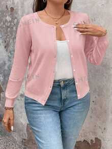 Plus Size Casual Versatile Solid Color Cardigan - Pink - View 5