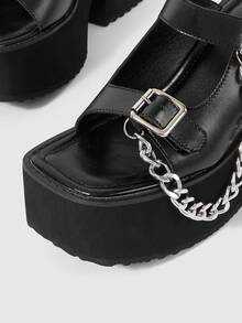 Sugerpunk Giày sandal đế xuồng thời trang gợi cảm dành cho nữ, phong cách Punk Gothic đường phố, thiết kế dây đai đôi chéo quanh đế xuồng, khóa xích kim loại, giày nữ mùa xuân hè thích hợp cho các buổi tiệc tùng, lễ hội ở câu lạc bộ đêm. - màu đen - Xem 4