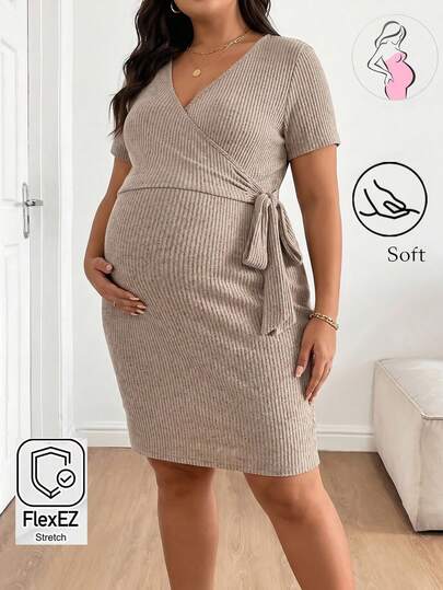 Plussiva Vestido de enfermería ajustado de unicolor con lazo para mujeres embarazadas de talla grande, informal de verano