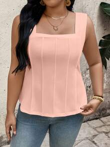EMERY ROSE Plus Size Square Neck Tank Top, Vertical Pleats Design Flatters Figure, Loose & Comfortable Fit, Friendly Shoulder Straps - Dusty Pink - View 3
