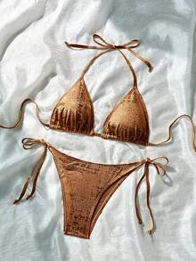 SHEIN Swim 女款金色掛脖前綁帶比基尼套裝，度假派對、海灘泳池派對、度假夏季性感休閒風 - 棕色 - 查看 5