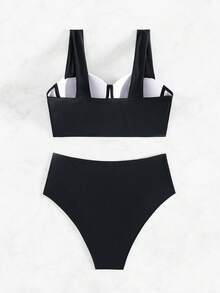 SHEIN Swim Bộ đồ bơi bikini hai mảnh kiểu tank top có gọng cho nữ mùa hè, bộ đồ bơi bikini cạp cao - Đen và trắng - Xem 8