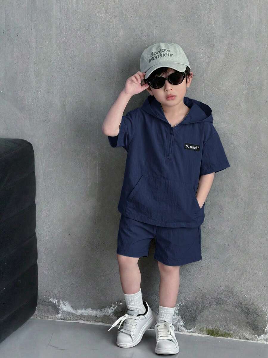 SHEIN Little Byeori 2件套儿童/青少年男童休闲百搭舒适立领拉链宽松短袖上衣和短裤套装,适合学校、花园、海滩、生日、春夏等场合。 - 藏蓝色 - 查看 1