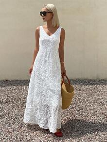 DAZY Women's V-Neck Sleeveless Embroidered Vacation Dress Sun Dresses For Women Summer Golf White Sexy - Ivory White - View 6