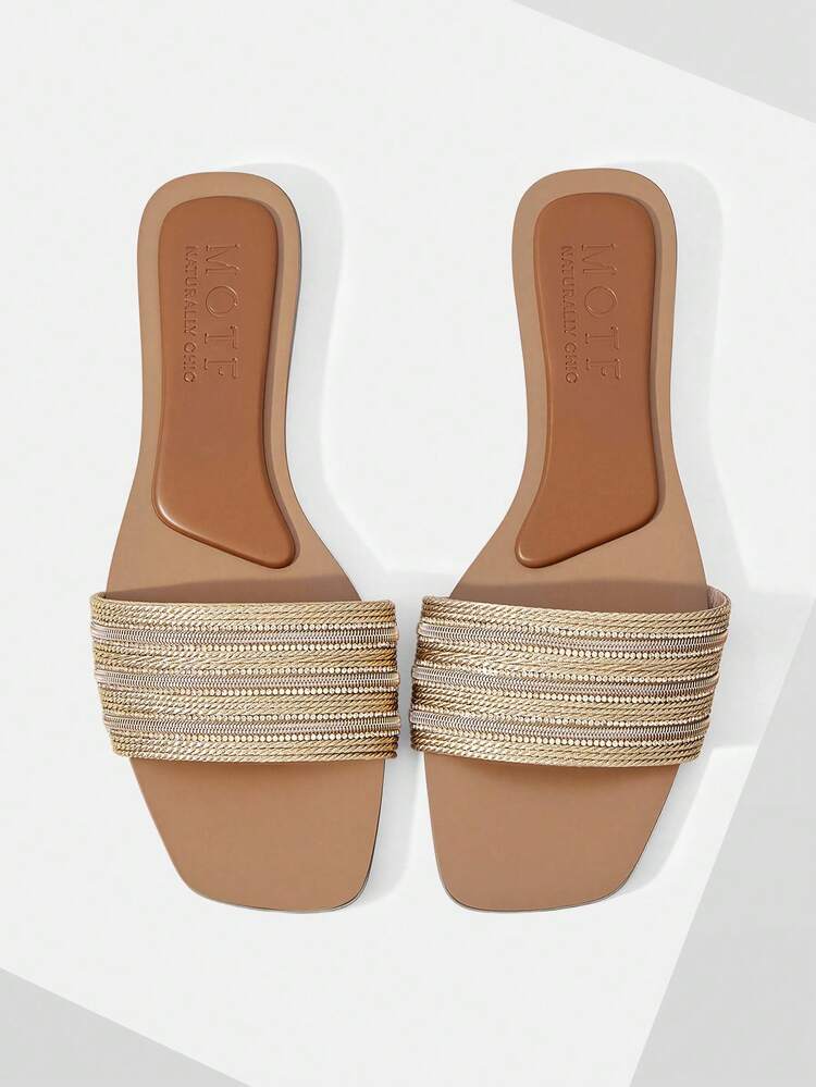 LADIES CHAMPAGNE CASUAL FASHION COMMUTER VACATION WOVEN OPEN-TOED FLAT SANDALS