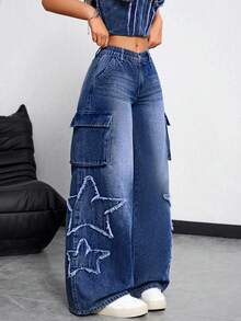 SHEIN ICON Damskie jeansy z szerokimi nogawkami i kieszeniami - Ciemny jeans - Zobacz 6