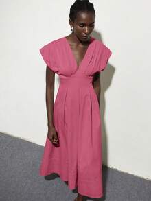 Aveloria Modichic Oversized Padded Shoulder Cap Sleeve Cinched Waist Pleated Dress, Beige Tone Long Dress For Women - Pink - View 4