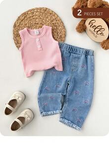 Baby Girl Solid Color Ribbed Tank Top And Bow Embroidered Denim Pants Set - Pink - View 2
