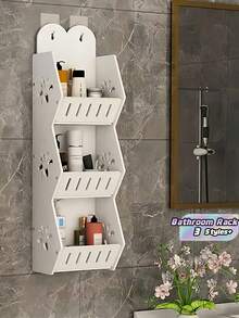 1 X Estantería de baño de 3 niveles montada en la pared, de color blanco, hecha de material de PVC, estantería de almacenamiento multifuncional para baño montada en la pared, resistente a la humedad, de gran capacidad, organizador de baño, estantería de almacenamiento de varios niveles sin perforación. - Blanco - Ver 1