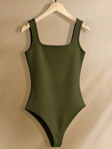 Resyla Women's Minimalist Solid Color Square Neck Bodysuit, Versatile For Summer - Coffee Brown - View 3