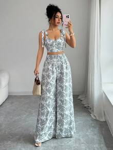 Elenzga Standard Size Women's Spaghetti Strap Backless Design + Waist Drawstring Wide Leg Pants 2 Pieces Set - Green - View 5