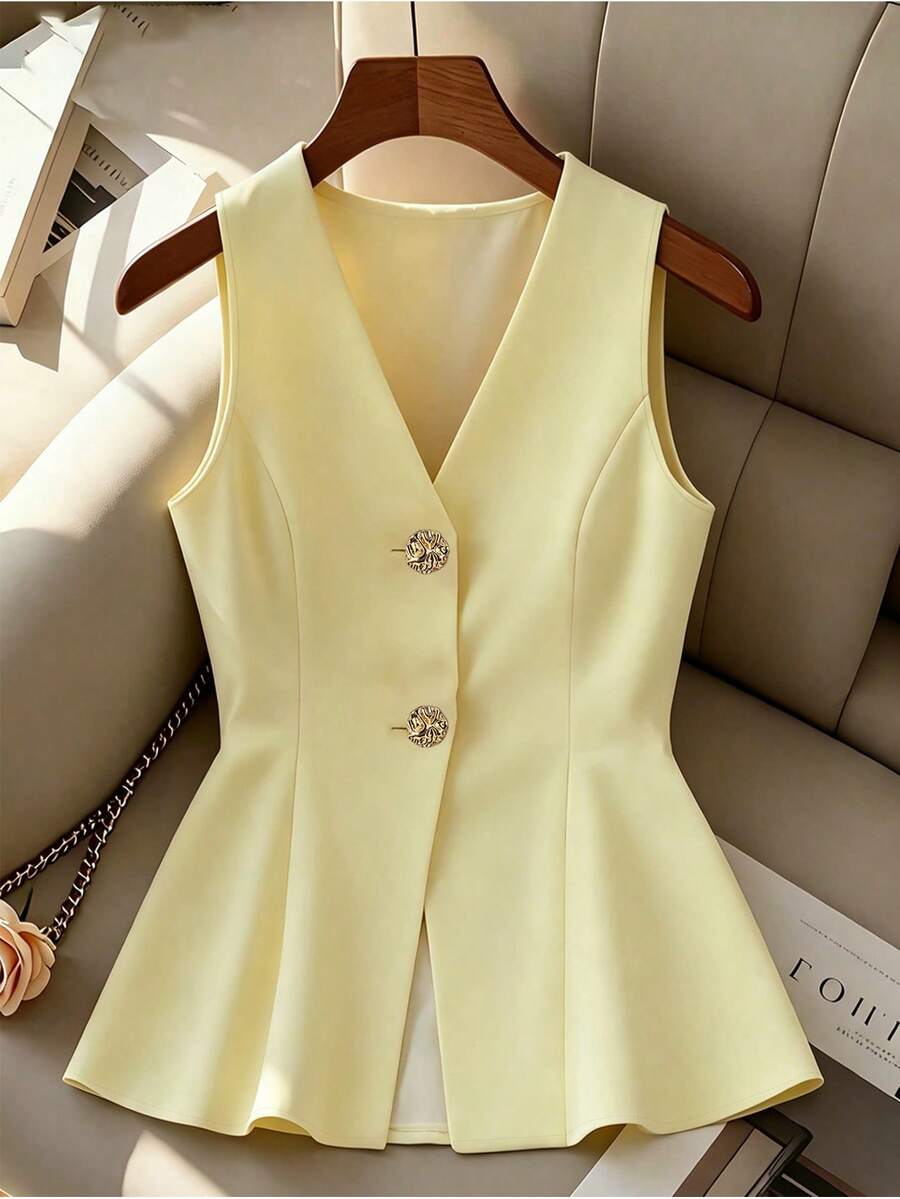 Women's Casual Yellow Fabric Vest Flared Hem V Neck Sleeveless Regular Length Button Details Plain Lightweight Jacket - Yellow - View 1