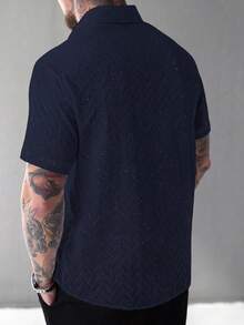 SLATEMANN Men's Casual Front Button Short Sleeve Shirt, Summer - Navy Blue - View 2