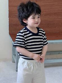 Toddler Boys' Round Neck Striped Casual Top, Spring/Summer - Blue - View 9