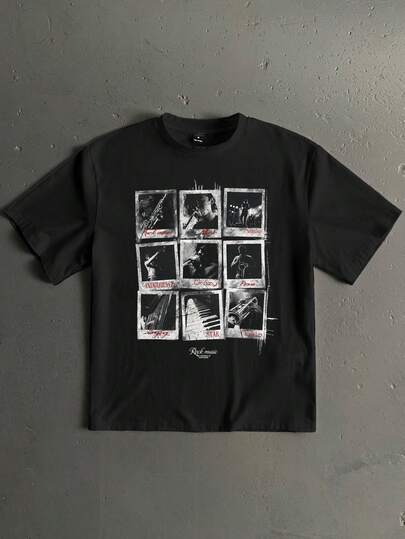 StoneGrade Retro American Rock Band Grid Photo Print Black Oversized Short Sleeve T-Shirt, Fashion Outfit Essential For Dates And Gatherings, Suitable As Gift For Boyfriend