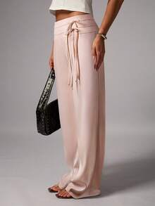 Women's Casual Solid Color Double Belt Decor Low Waist Loose Wide Leg Pants, Suitable For Spring, Summer And Autumn - Baby Pink - View 4