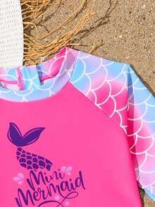 Young Girls Mermaid Tankini Set, Spaghetti Strap Crop Top With Mermaid Tail Print, Solid Color Splice Fish Scale Patterned Bottoms, 2 Pieces Swimwear - Hot Pink - View 3