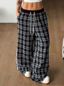 SHEIN Coolane Plaid Print Drawstring Waist Slant Pocket Casual Wide Leg Pants - Black - View 4