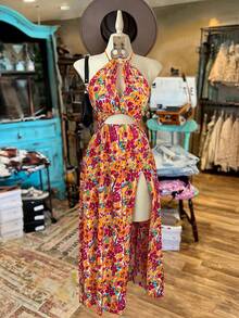 Sweetra Váy hở lưng hở vai cỡ lớn cho nữ, váy dài đi biển Bohemian thanh lịch họa tiết hoa nhỏ cổ điển - Nhiều màu - Xem 7
