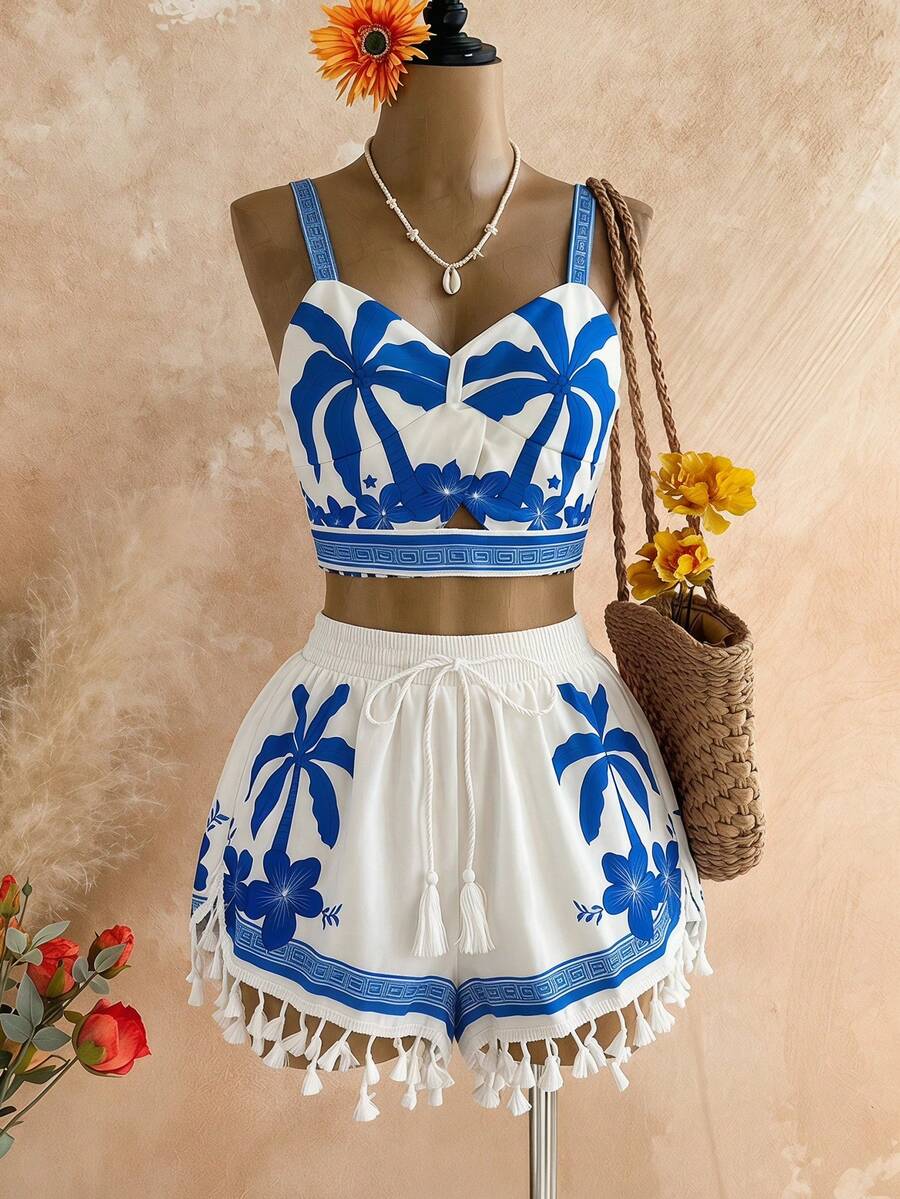SHEIN WYWH Women's Tropical Print Camisole & Tassel Hem Shorts 2 Pieces Set, Vacation & Casual - Multicolor - View 1