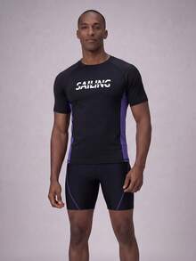 ZELFYO Men's Simple Print Short Sleeve Rashguard Set,Black Summer Atletic Beach Swim Shirt,Shorts,Sun Protection Swimwear,Surf Swimming Sets,Cruise Clothing - Black - View 1