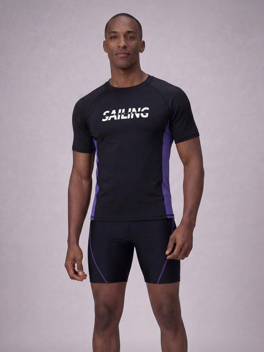 ZELFYO Men's Simple Print Short Sleeve Rashguard Set,Black Summer Atletic Beach Swim Shirt,Shorts,Sun Protection Swimwear,Surf Swimming Sets,Cruise Clothing - Black - View 1