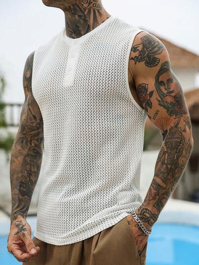 VENTUSAIL Men's Solid Color Large Crew Neck Hollow-Out Jacquard Knit Tank Top, Summer