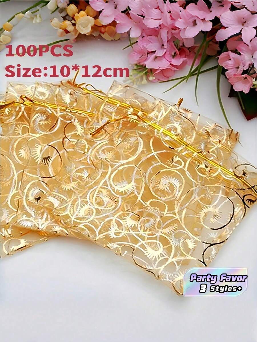 SHEIN 25/50/100个金色欧根纱袋 10x12厘米 - 婚礼派对礼品袋、婴儿送礼会礼品袋、糖果自助餐包装、珠宝袋、生日装饰、旅行化妆包 - 金色 - 查看 1