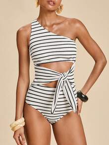SHEIN TRVLCHIC Áo tắm liền thân nữ mùa hè đi biển, họa tiết sọc, khoét lỗ, xoắn phía trước. - Nhiều màu - Xem 4
