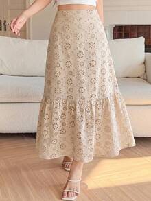 DAZY Apricot Elegant Women's Hollow Embroidered Ruffle Hem Skirt - Apricot - View 5