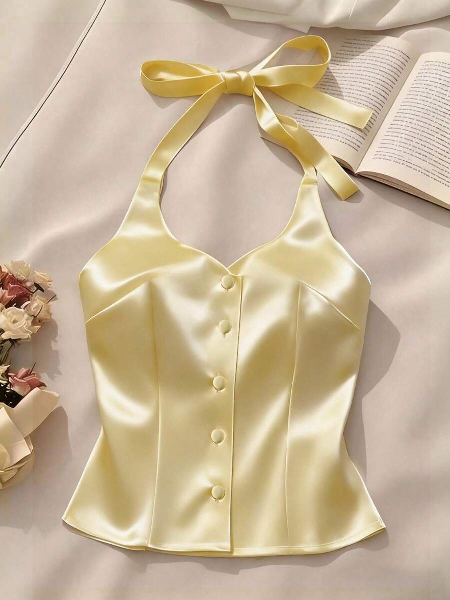 SHEIN Franclia White Satin Spaghetti Strap Cropped Tank Top / Single-Breasted Fitted Sexy Camisole - Light Yellow - View 1