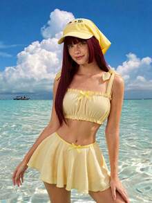 Bộ 3 món Sweet Girl kiểu bèo nhún gồm áo ngực không gọng, quần lọt khe và váy ngắn. - Màu vàng - Xem 3