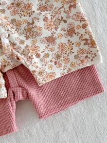 Loomiva Conjunto de 2 piezas de pelele de manga corta y pantalones cortos con estampado floral suave de punto para bebé recién nacida - Rosa Pálido - Ver 5