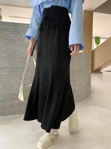 DAZY Women's Elegant Girlisim Backless Tie Waist Fitted Mermaid Hem Skirt, Versatile Solid Color, Suitable For Spring, Summer And Autumn Petite Golf Pastal - Black - View 6