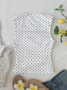 SHEIN 少女夏季纯色侧边褶皱背心 - 黑與白 - 查看 4