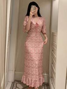 DAZY 小碎花對比飾邊荷葉袖修身女款睡裙 夏季睡衣 - 紅色 - 查看 4