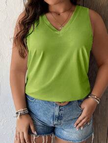Calvaya Plus Size Women V-Neck Casual Traditional Solid Color Versatile Daily Wear Top Bussines Hiking Lime Green Summer - Green - View 4