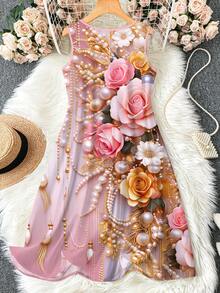 EMERY ROSE 大码女式碎花吊带连衣裙，粉色度假节日装扮，适合生日、送礼、节日派对和日常穿着，春假服装 - 彩色 - 查看 2